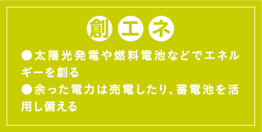 創エネ ●太陽光発電や燃料電池などでエネルギーを創る ●余った電力は売電したり、蓄電池を活用し備える